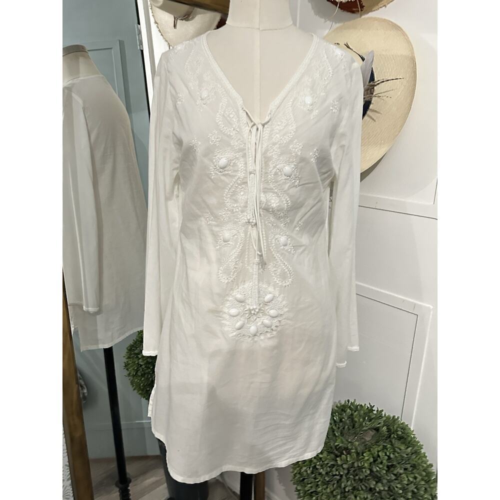 Melissa Odabash Beaded White Broderie Eyelet Cotton Cover-Up Mini Dress Small